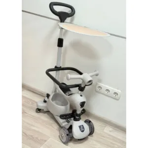 Самокат-біговел з батьківською ручкою та капором, Сірий