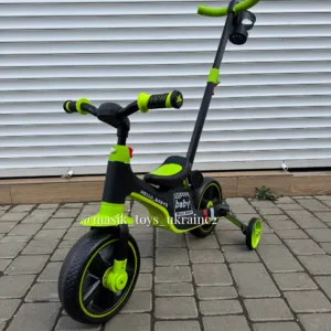 Велосипед-біговел з ручкою Hello Baby, музика, підсвітка, підсклянник Зелений